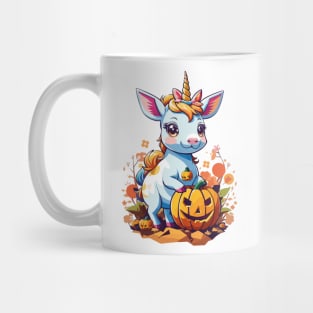 Halloween Kawaii Baby Unicorn and Deers Playing with a Small Pumpkin Mug